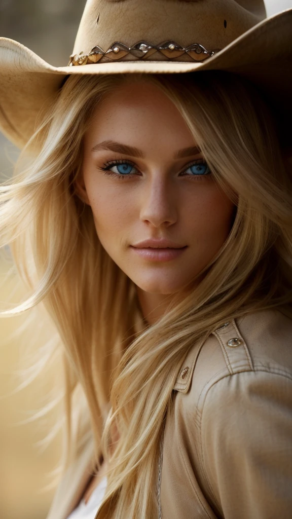 a close up of a woman wearing a cowboy hat and a tan jacket, attractive beautiful face, beautiful white hair girl, gorgeous face, blonde hair blue eyes, extremely beautiful face, blonde hair and blue eyes, perfect face ), beautiful model, brown-blond-hair pretty face, gorgeous attractive face, blond hair blue eyes, ultra beautiful face, gorgeous woman