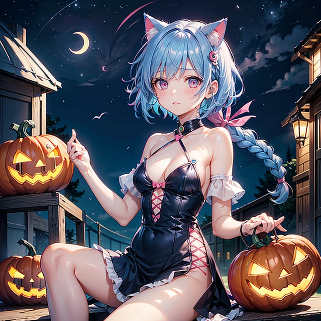 (Sky blue hair),(Braided short hair), (Pink Eyes),Fair skin) ,(whole body),(One Girl),(Crescent Moon),(There are lots of pumpkin ghosts in the background),Cat ear,Cat&#39;s Tail,(Sailor suit),(Ahegao),(Fall into Darkness),If you don't give me sweets, I'll play a prank on you.),Halloween Night Party),(masterpiece, Highest quality, Very detailed, Best Shadow), (Detailed Background), (Beautifully detailed face), High Contrast, (Best lighting, Very delicate and beautiful), ((Cinematic Light)), Hyper Detail,8k, Dramatic Light, Intricate details,night,(Bats flying in the background),Pumpkin handbag,There are sweets in the bag,