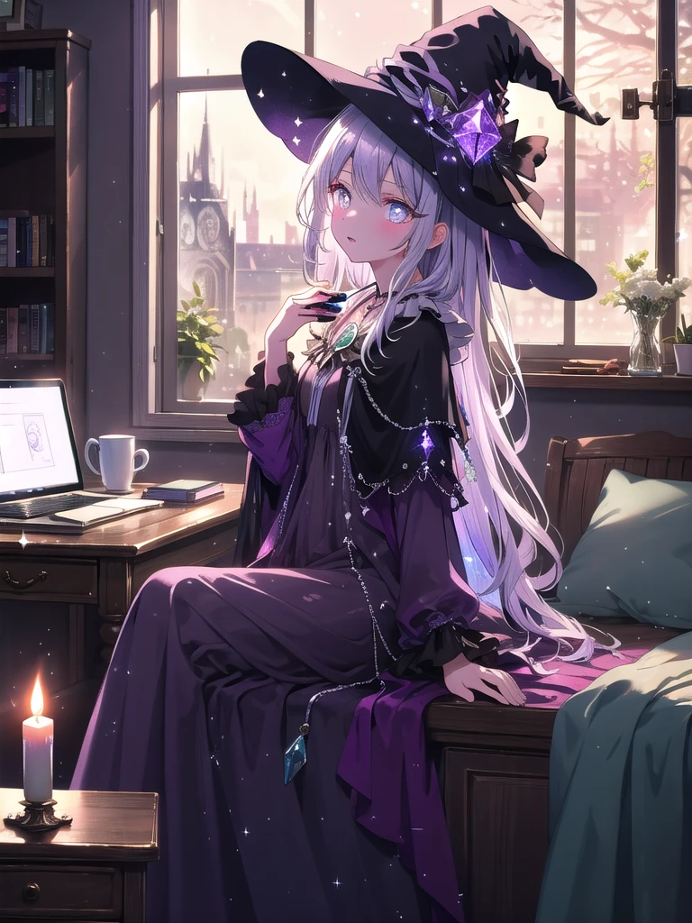 ((8k, Highest quality, masterpiece: 1.3)),Ultra-high resolution,(1 girl, alone), (Color changing eyes, Ultra-detailed, Expressive brilliance, Glitter, Glowing Eyes), Highly detailed eyes, Highly detailed face, Random Hair, ((pastel colour)),A relaxed young woman with long, pastel lavender hair, sitting comfortably at her desk in her small, neatly organized bedroom. It’s late at night, and the only light in the room comes from her computer screen and a small desk lamp, casting a soft glow on her. She’s dressed in a witch cosplay, wearing a deep purple velvet dress with silver embroidery, a pointed hat, and a small crystal pendant around her neck. The camera captures her from a side angle as she scrolls through cosplay forums on her computer, her expression content and absorbed. Her room is filled with personal touches, including a bookshelf full of fantasy novels, a few candles burning on the windowsill, and a cauldron-shaped mug sitting on her desk.