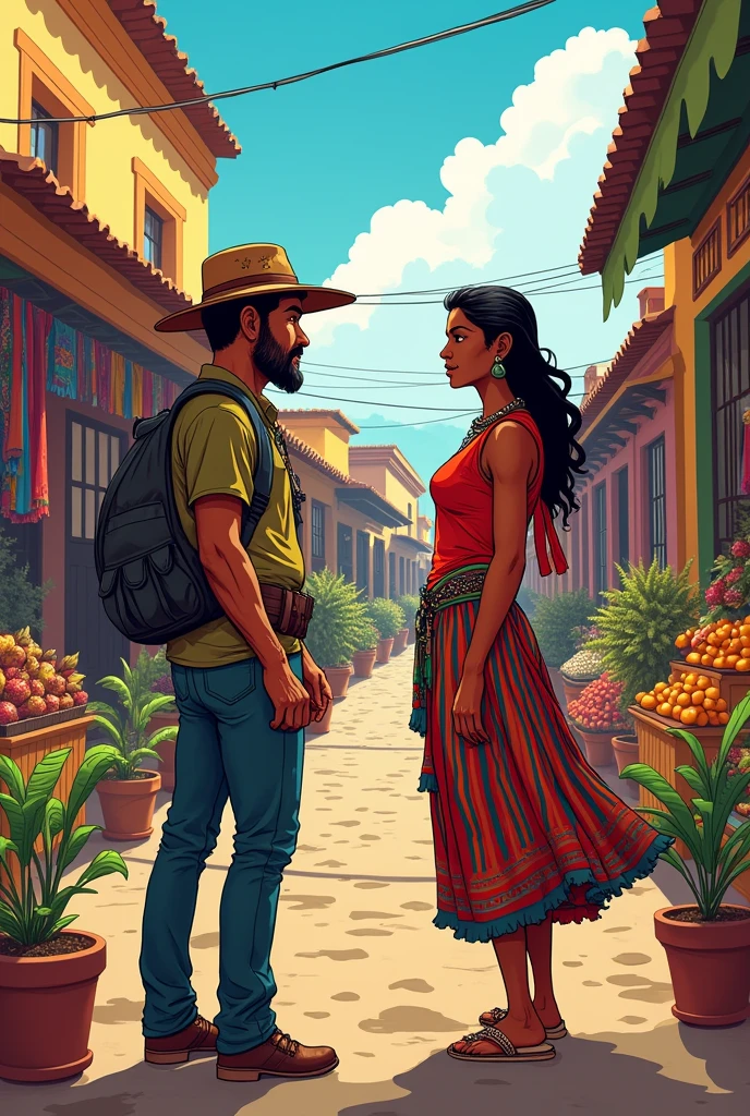 Comic page in which a Bolivian man and a Bolivian woman meet