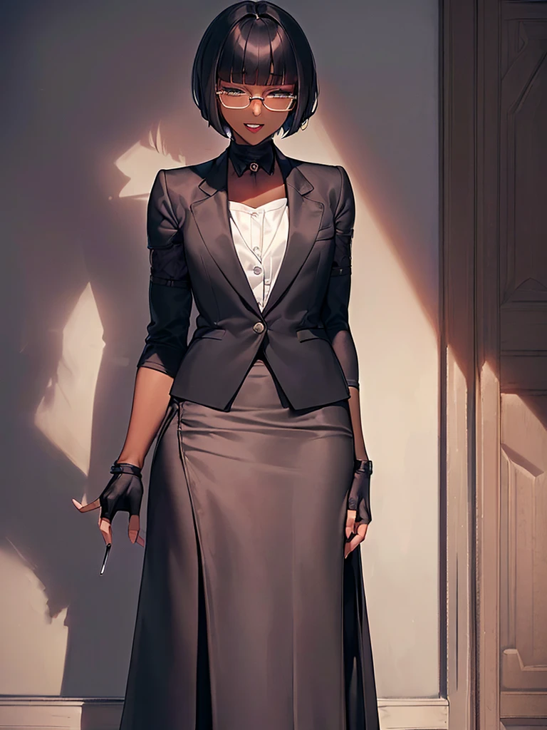  (masterpiece:1.2), highest quality, High resolution, unity 8k wallpaper, (fine and beautiful eyes:1.6), highly detailed face, perfect lighting, Detailed CG, (perfect hands, perfect anatomy:1.3), (1 femmale:1.4), (20 years old femmale:1.4),( black hair:1.3), extremely beautiful detailfeminine face and eyes, (evil smile:1.3), detailed eyes, best quality,( dark skin:1.8), extremely detailed, very precise detailed,(glasses:1.3), (blunt bangs:1.3), open mouth, (very short hair:1.4),(fingerless gloves:1.5), (half closed eyes:1.5),(business suit:1.6),boots,(flat chest:1.4),(Smoking a cigarette:1.2),sitting,(long tight skirt:1.3),(long skirt:1.6)
