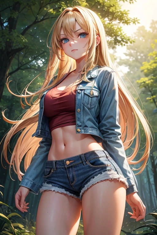 Draw a blonde with long hair down to her waist, beautiful blue eyes, very beautiful and delicious. She is wearing a short denim shorts and a short denim jacket. She is walking in the woods on a late afternoon with a reddish sunset. Front view from bottom to top, hair in the wind, Serious facial expression. Big and perky hot ass, hot thighs. Beautiful and sexy character. I am only a translate agent.