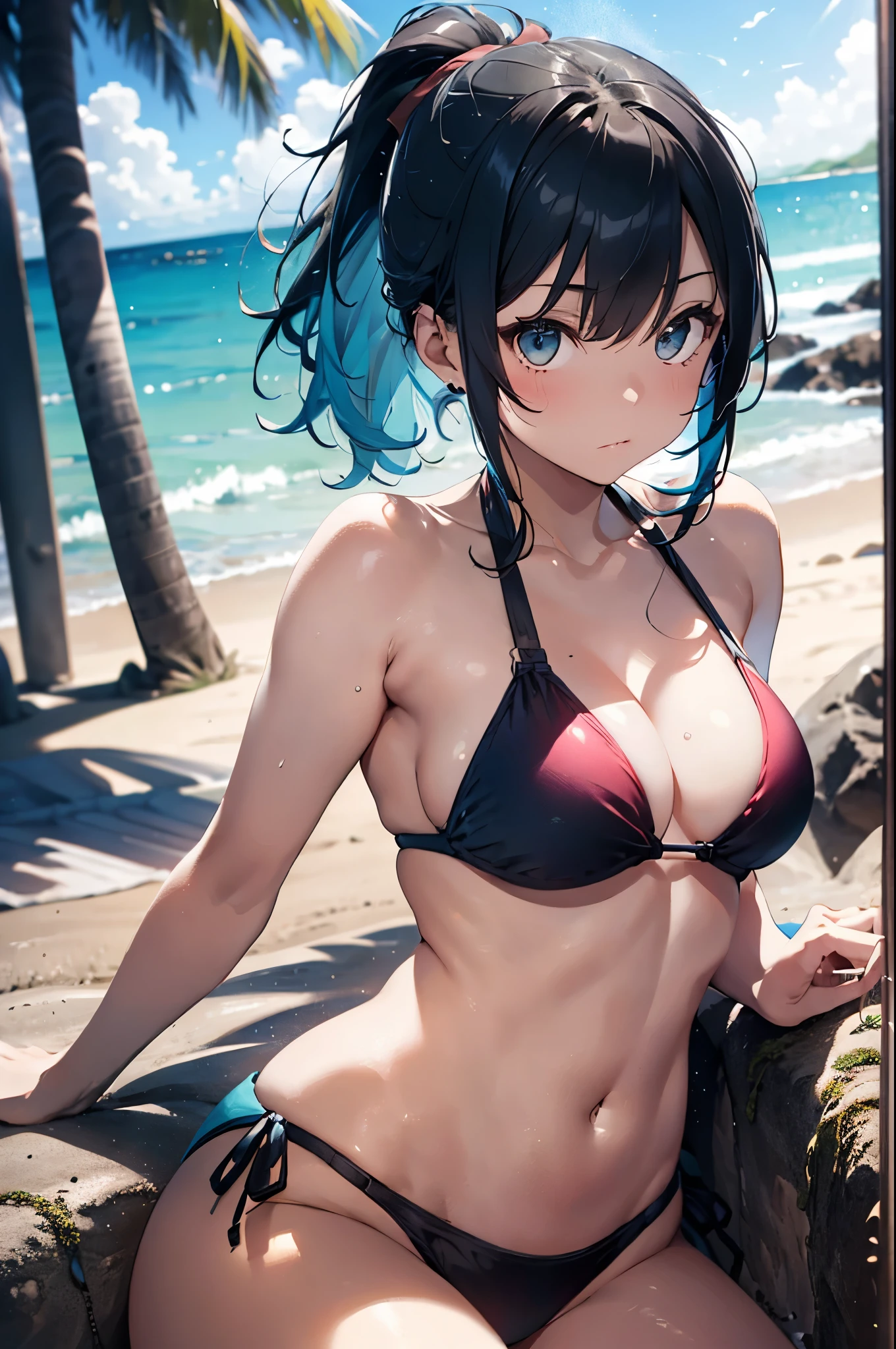 High resolution,topless、
One beautiful young woman,Light blue hair、ponytail、
(Soft Saturation:1.3), (Fair skin:1.2),
(ultra-Detailed Background, Detailed Background), Bokeh,
break'Portrait of a smiling girl.,
When viewed from the front, The composition is symmetrical,
Looking straight at you with serious eyes,
break Swimwear, Red Bikini, Center of chest,
Outdoor, Sea surface, null, sunlight,Summer beach, Sandy Beach,
Strong light, Front lighting,
(:1.3), (Cowboy Shot:1.2),
Front brake angle,
View your audience,
Dynamic pose,
sitting on the beach
Seaweed、Seaweed、Seaweed、Seaweed、Seaweed、Seaweed、Seaweed、