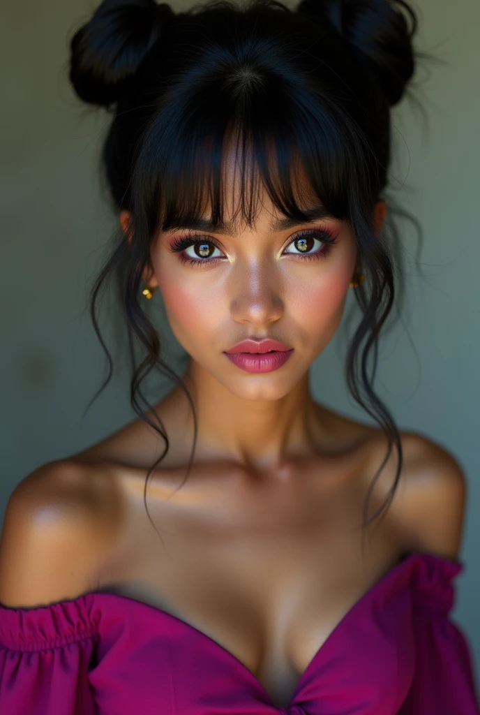 25 years old sexy indian girl round innocent childlike face in magenta off shoulder top very cute glowing face, innocent face, girl, drama queen, tantrums, (ultra realistic,32k, masterpiece:1.2),(high detailed skin:1.1),( high quality:1.1), looking at viewer, (beautifully lit:1.1), blurry background, black puffed bun hair, bangs, (pink lips:0.9), medium breasts:(0.5) mascara, magical eyes, posing like a goddess