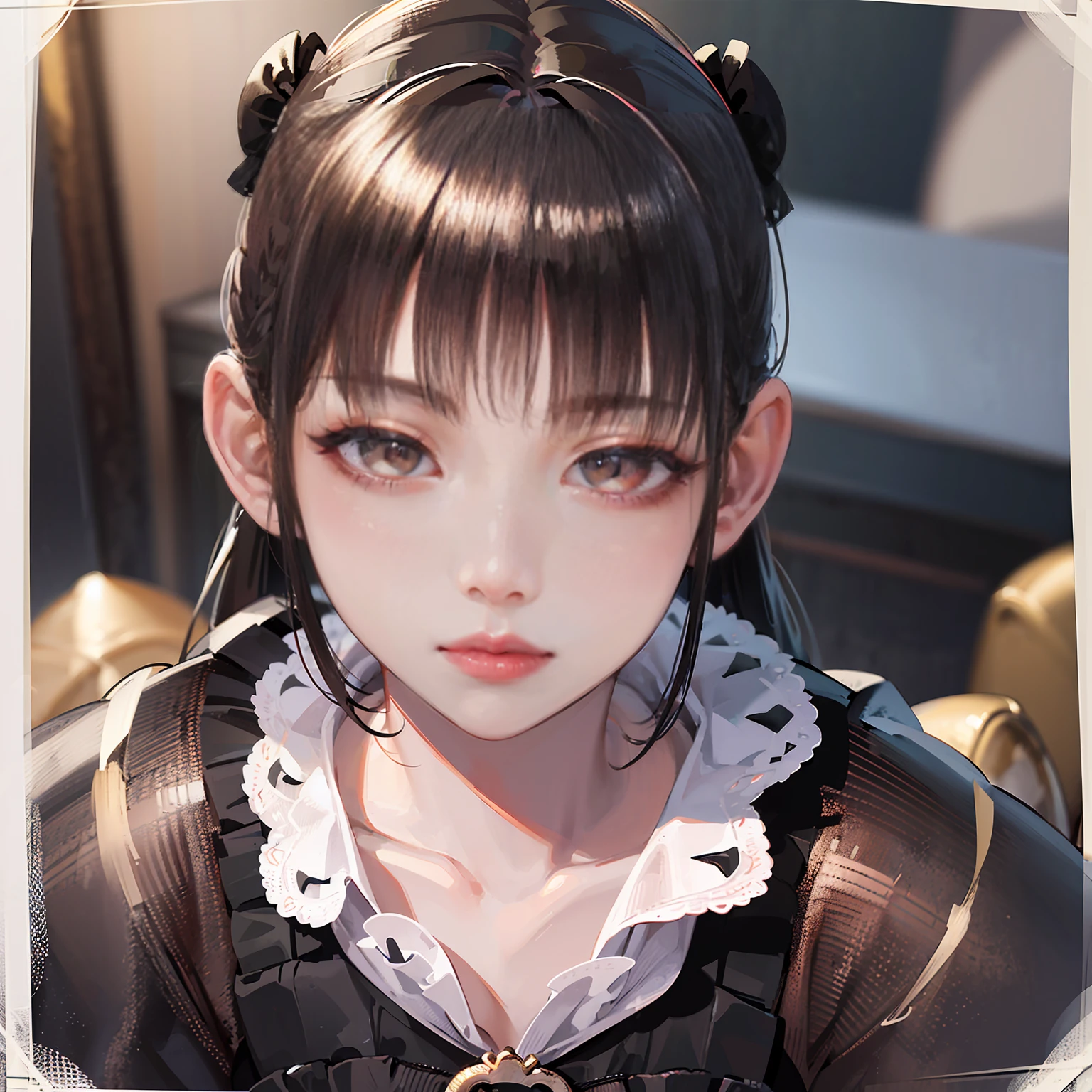 (8k, RAW Photos, Very delicate and beautiful, Ultra-high resolution, Highest quality, masterpiece: 1.2), (Real、Photorealistic: 1.4), (Highly detailed 8K wallpapers), Cute girl like a doll, highly detailed dress, Gothic, Lolita, Big red ribbon, Twin tails, Blunt bangs, Highly detailed glossy black hair, Transparent white skin, Pink Cheeks, large, round eyes, Tear bags, Long eyelashes, Thin lips, slightly raised corners of the mouth, round face, From above, Looking at the camera, The best light, Perfect composition,