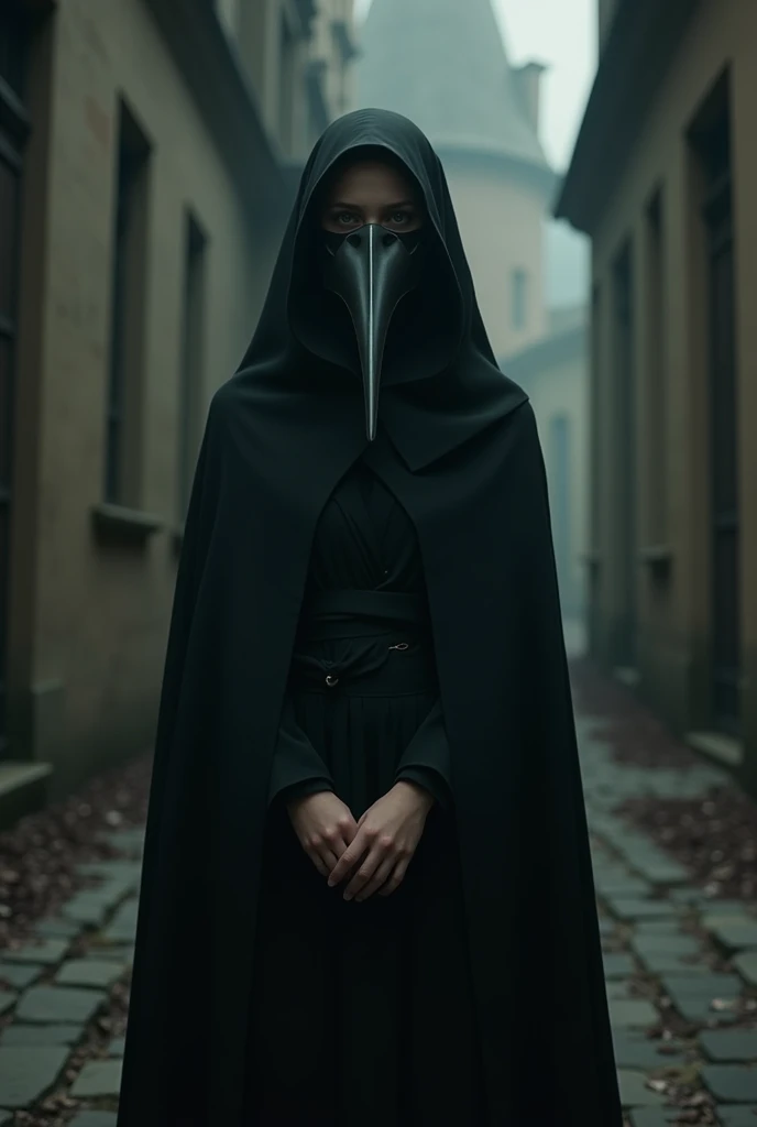 A girl dressed as a plague doctor