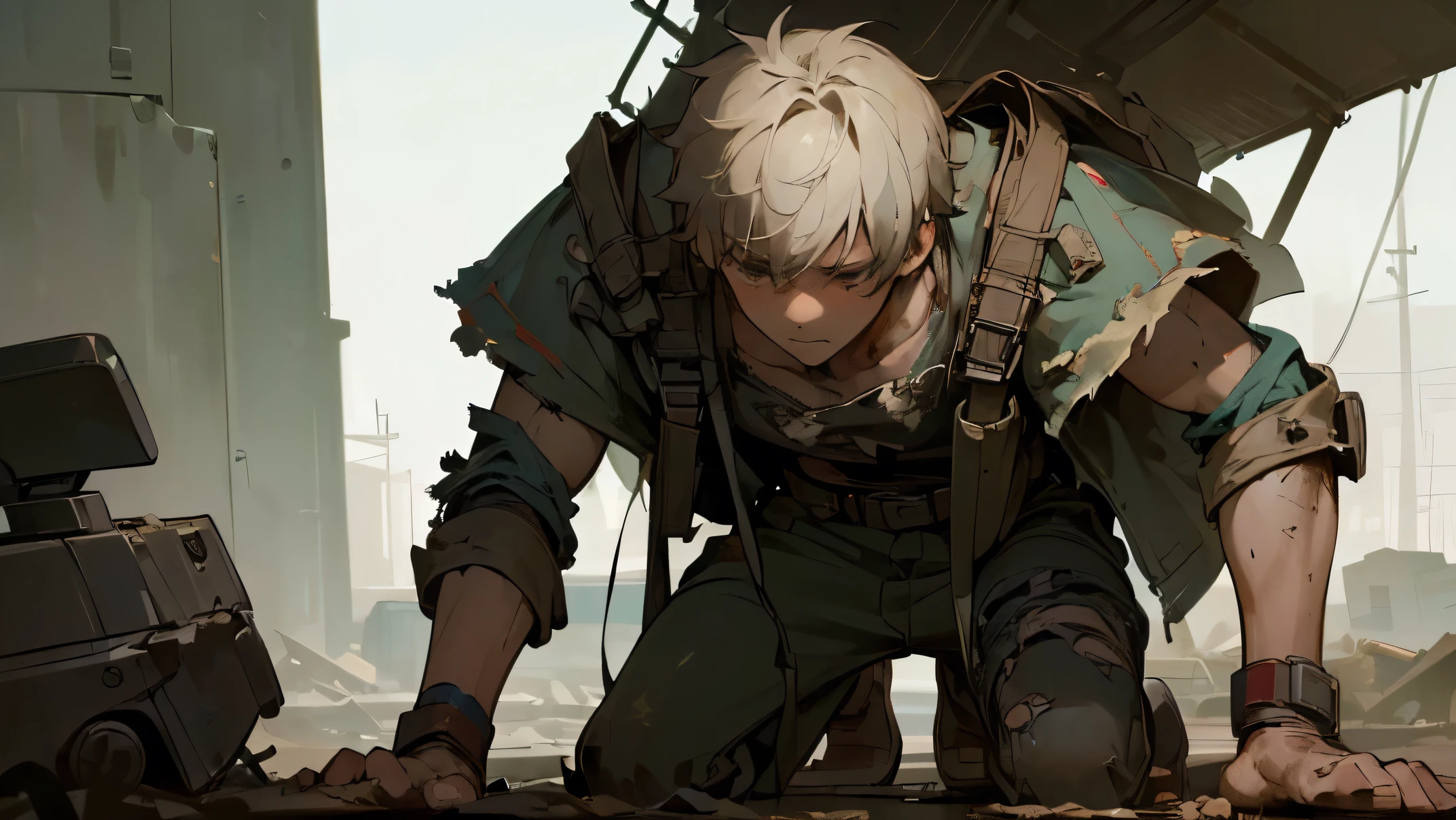 (((masterpiece,Highest quality))),(((A boy in the shabby guise of a hero, desperate with worn-out equipment.))),alone,Focus on the whole body,(high quality),アニメ