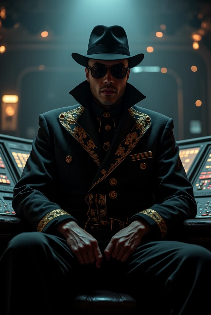 "A mysterious figure sits confidently in a dimly lit spaceship control room, bathed in the faint glow of scattered sci-fi lights. The character wears a long black coat, similar to Dante's from Devil May Cry, but now adorned with intricate gold ornaments that catch the sparse light. The coat's high collar and luxurious gold details add an air of regality to the otherwise dark and enigmatic figure. The character's face remains concealed by a sleek black mask and dark sunglasses, with a black fedora perched on their head, tilted slightly forward. The dimly lit environment reveals only hints of advanced technology and control panels surrounding the figure, creating an atmosphere of secrecy and power. The scene exudes a sense of calm authority and hidden strength, with the golden accents subtly shimmering against the dark backdrop of the spaceship."