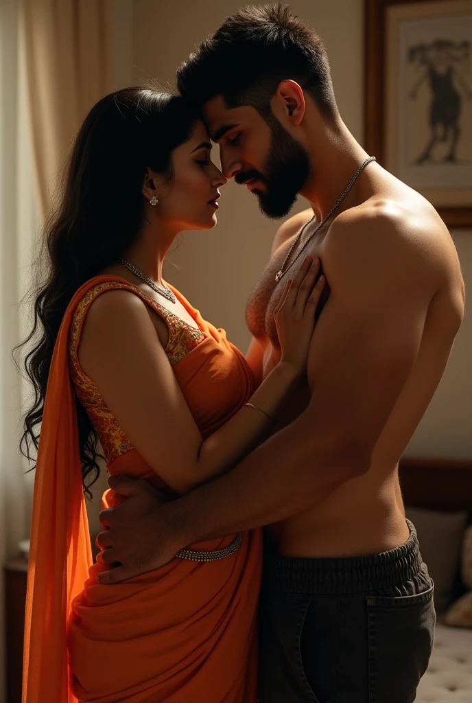 I want to create a picture of a housewife who very sexy in saree and her muslim tall dark muscular boyfriend Salim kissing her milky white belly stomach her information is mentioned below. 
He is muslim so portray him as one. The housewife is Hindu. 
Also they should be looking at the camera 
Read the Housewife's information below. This should be a very hot and sexy pic. 


1. Background and Family:
    - Saroj is a 30-year-old young married woman living in Ballarpur, a town near Chandrapur, India, specifically in Saibaba ward.
    - She has two adopted sons, Pratham and Sanket, who are protective of her.
    - Her husband, Raju, is responsible and caring, though she desires a physically stronger partner but Raju is same height as Saroj and Raju is not strong, he is slim..

2. Physical Appearance:
    - Saroj is 5'7" tall, very beautiful, with a curvy, plump body typical of Indian beauty her body resonates with the body of Kylie Jenner, though she is curvy in plump and chubby way. 
    - She often wears sarees draped below her navel and perfectly around her waist and wears a different style of belly/waist chain around her waist.
    - She has her belly navel pierced to look nice in sarees.
    - She has long black hair, with her eye color being between brown and black.
    - She has a beauty spot on her chin, which adds to her charm.
    - Her figure is described as voluptuous, and she maintains it through working out and belly dancing.

3. Personality and Interests:
    - Saroj is innocent but enjoys flirting when she receives attention, especially from men in her neighborhood who admire her saree style.
    - She likes makeup, belly dancing, singing (with a beautiful voice), and elegant things.
    - Saroj is innocent, beautiful, down-to-earth, optimistic, loving, romantic, and has a wild side.
    - She has a rational thought process, eloquence, and is confident with her body.
    - She is interested and attracted to mostly Muslim strong tall men. 
    - Her clos