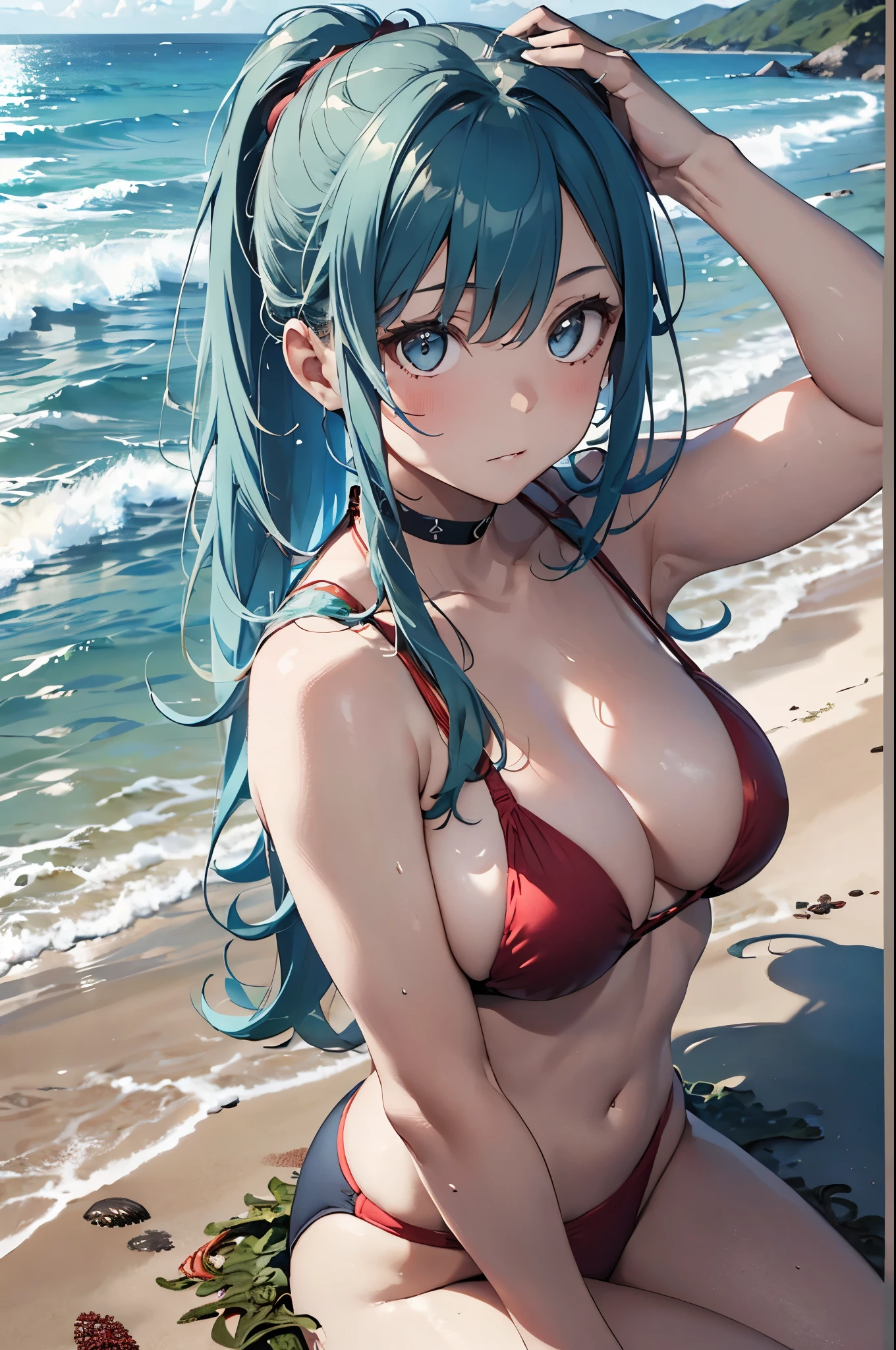 High resolution,topless、
One beautiful young woman,Light blue hair、ponytail、
(Soft Saturation:1.3), (Fair skin:1.2),
(ultra-Detailed Background, Detailed Background), Bokeh,
break'Portrait of a smiling girl.,
When viewed from the front, The composition is symmetrical,
Looking straight at you with serious eyes,
break Swimwear, Red Bikini, Center of chest,
Outdoor, Sea surface, null, sunlight,Summer beach, Sandy Beach,
Strong light, Front lighting,
(:1.3), (Cowboy Shot:1.2),
Front brake angle,
View your audience,
Dynamic pose,
sitting on the beach
Seaweed、Seaweed、Seaweed、Seaweed、Seaweed、Seaweed、Seaweed、