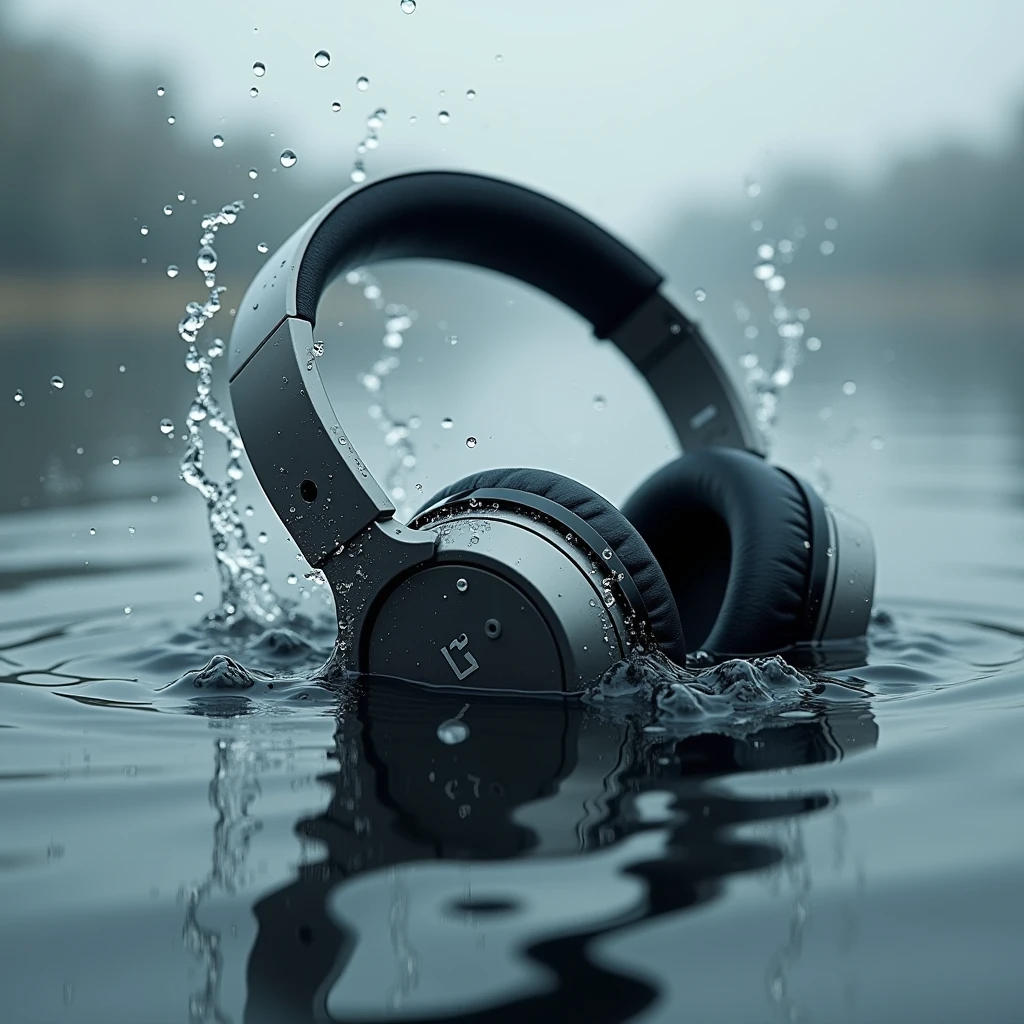 Headphones fallen in water with water droplets splashing and a simple background