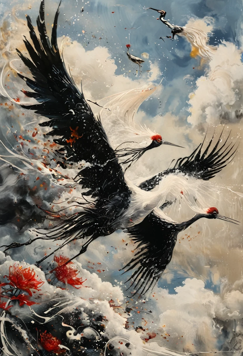 Ink, Crane, cloud, wing, I am, outdoors, feathered wing, sky, petal,oil paint