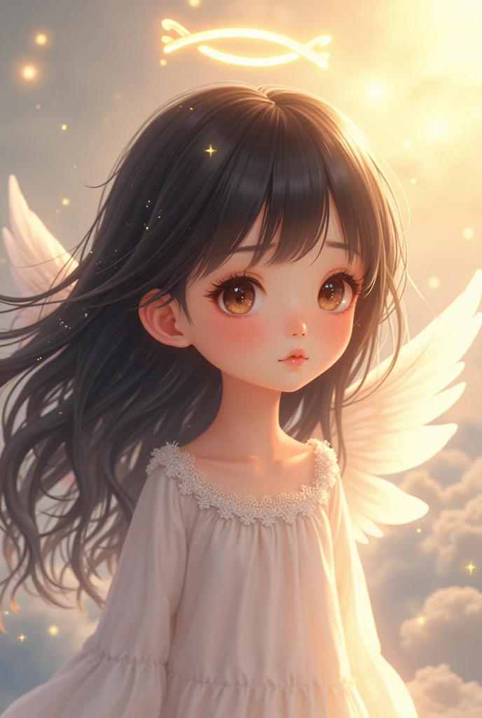 A loli angel with black hair and brown eyes