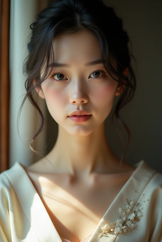 An elegantly dressed Japanese woman in natural light、A close-up of her chest and calm expression.、It shows her inner peace and outer charm.。