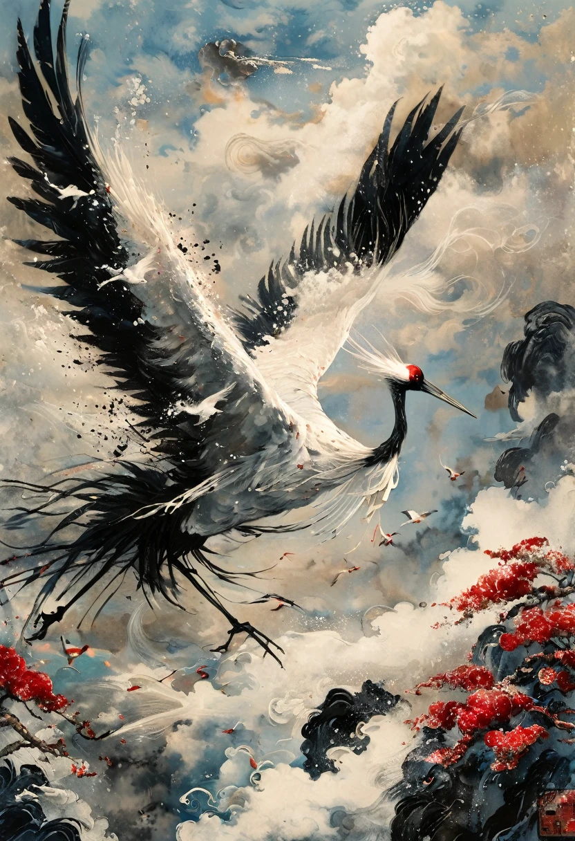 Ink, Crane, cloud, wing, I am, outdoors, feathered wing, sky, petal,oil paint
