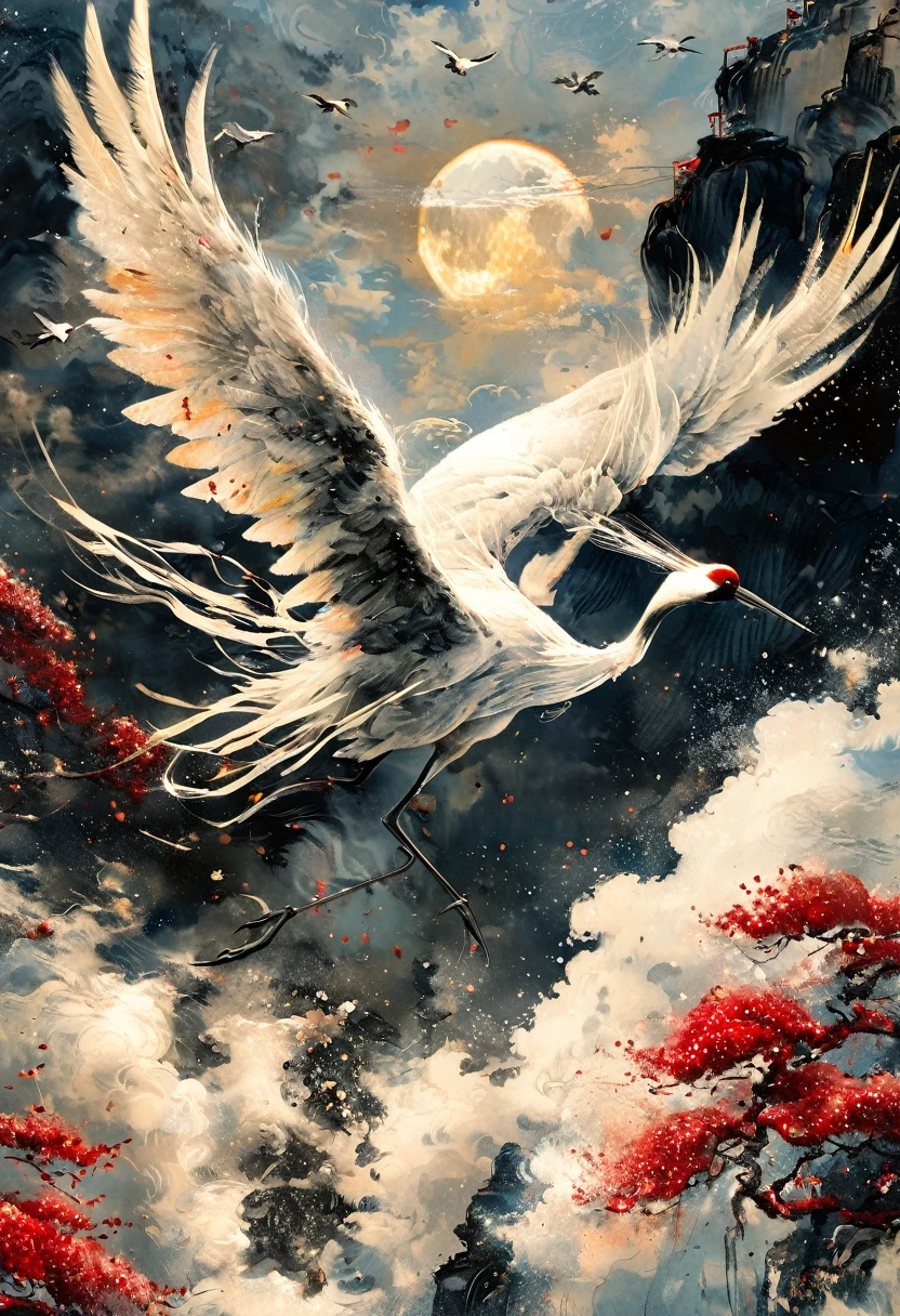 Ink, Crane, cloud, wing, I am, outdoors, feathered wing, sky, petal,oil paint