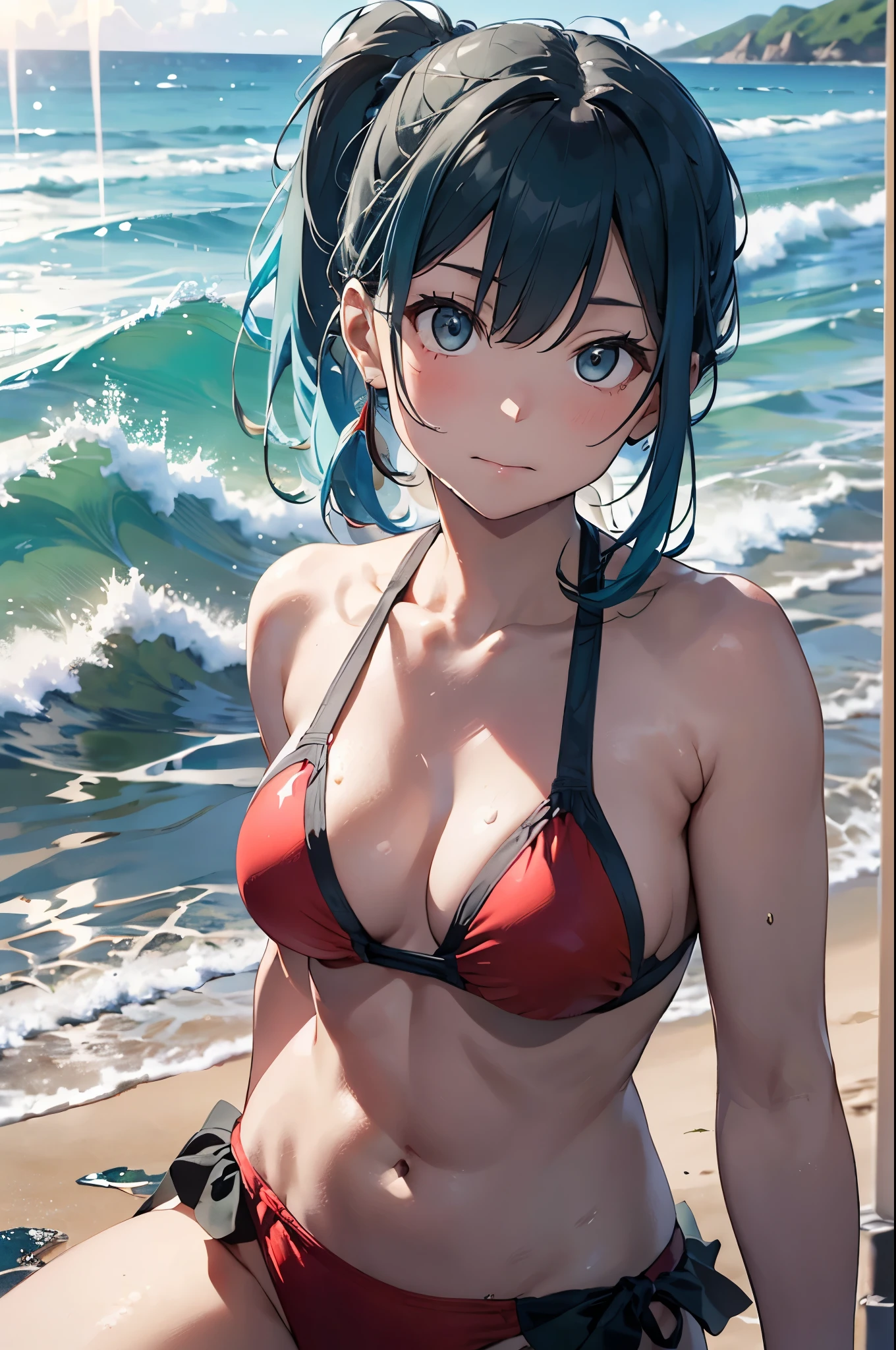 High resolution,topless、
One beautiful young woman,Light blue hair、ponytail、
(Soft Saturation:1.3), (Fair skin:1.2),
(ultra-Detailed Background, Detailed Background), Bokeh,
break&#39;Portrait of a smiling girl.,
When viewed from the front, The composition is symmetrical,
Looking straight at you with serious eyes,
break Swimwear, Red Bikini, Center of chest, 
Outdoor, Sea surface, null, sunlight,Summer beach, Sandy Beach,
Strong light, Front lighting, 
(:1.3), (Cowboy Shot:1.2),
Front brake angle,
View your audience,
Dynamic pose,
sitting on the beach

Seaweed、Seaweed、Seaweed、Seaweed、Seaweed、Seaweed、Seaweed、