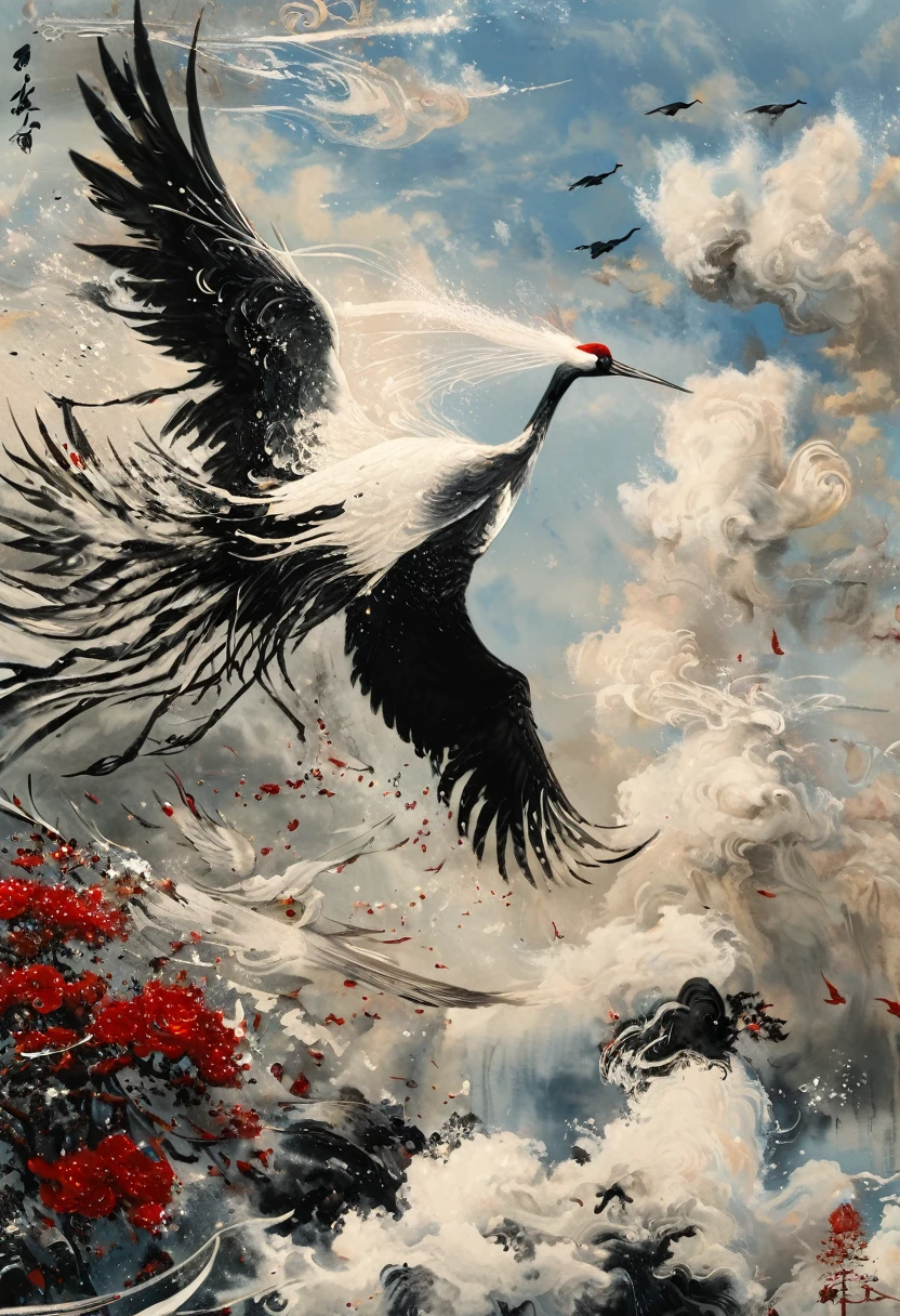 Ink, Crane, cloud, wing, I am, outdoors, feathered wing, sky, petal,oil paint
