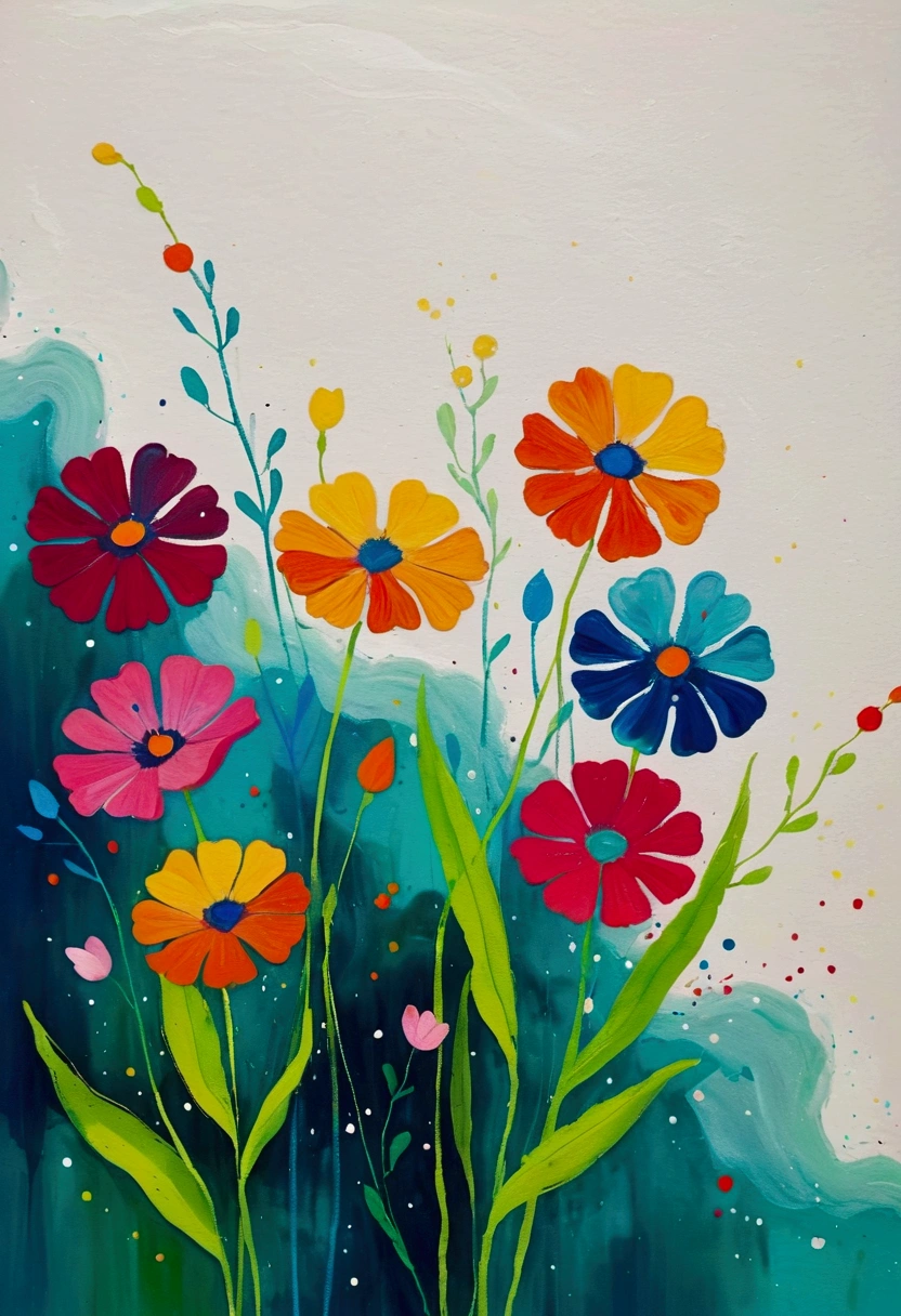 far away，Fluid smudge painting，Dot，Colorful flowers，Minimalism，Inspired by the coronavirus。