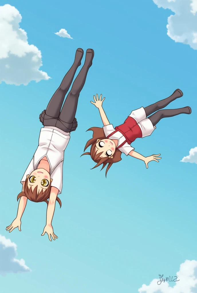 Two girls falling upside down from the sky.