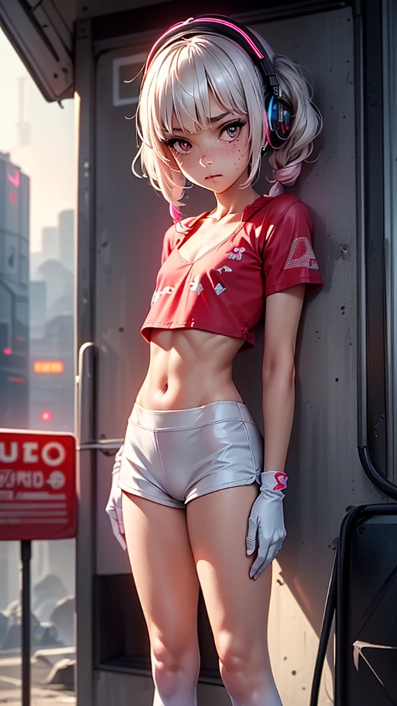 1girl, innocent, alone, ((waiting a bus:1.5)), (view_from_front:1.5), (instagram yanakryukova), (seductive_facial_expression:1.4), sweety, cute, kawaii, perfect face, galactic_young_princess, ((little breasts, flat_chested, small chest:1.6)), ((little nipples, natural nipples)), top model figure, (skinny), (perfect little ass, round ass, long legs, slim legs), pale skin, soft skin, caucasian teenager, slender girl, natural make-up on eyes only, perfecteyes, black_eyes, (innocent_looking:1.4), oval jaw, freckles, natural_beauty, (white hair, bright pink hair, dreadlocked pigtails, long bangs, drill hair), ((she is wearing a white transparent lace bodysuit,  print white cotton leggings, white transparent lace hoodie, lace collarbone, cleavage cutout, cameltoe, and techwear high boots)), ((wearing an intricate detailed techwear white outfit)), ((cute neon head accesories:1.6)), punk_hair_ornaments, pastel_goth, punk, fantasy_princess, necklace, earring, cute 18 years old girl, skinny young girl, white theme, (bokeh, depth of field, blurry background, light particles, fog), ((detailed sci-fi cyberpunk bus stop background:1.6)), ((real life, realistic, profesional photography, photo_realistic, hyper_realism, ultra-detailed)), photography by Tim Walker, Tim Walker masterpiece, best_quality, 8K, soft tones, pastel tones, low saturation, (contrast:0.3), muted colors, cold light, neon, Ex_Machina_movie, studio light, (((best 32k quality))), (((highest 32k quality))), photorealistic, (((perfect anatomy))), (((perfect face))), perfect eyes, (((pandballgt))), 1 girl, black eyes, black hair, short hair, orange headband, (((short shorts))), half-finger gloves, (((red t-shirt, crop top))), ((sexy))