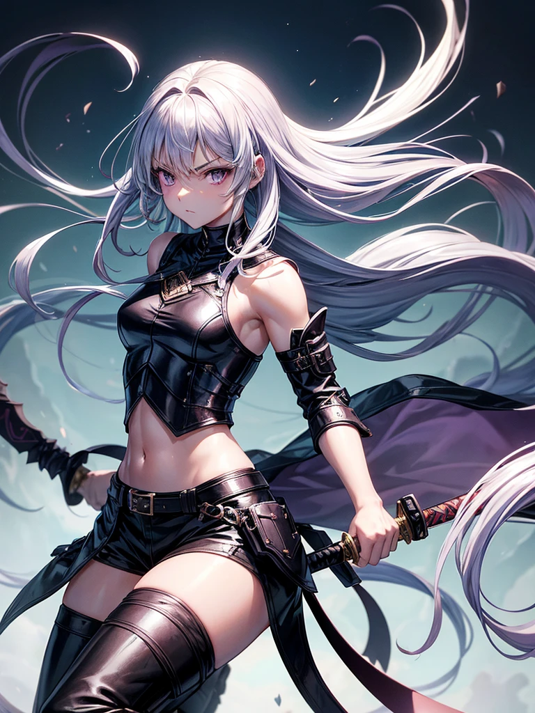 Tomboy style anime girl character in a fantasy world. Appearance: Long silver hair to the middle of the back, dark purple eyes, pale skin, strong and muscular body, wearing a black leather armor that reveals the upper body, black leather pants, short boots, and holding a two-handed sword.
Personality: She is a strong, independent, and mysterious warrior. She has a bitter past, causing her to fight for survival. She is skilled in using two-handed swords and has high leadership.
Story: Iril grew up in a small village that was destroyed by monsters. She had to escape from the village alone and train herself to become stronger in order to return and take revenge for her village.