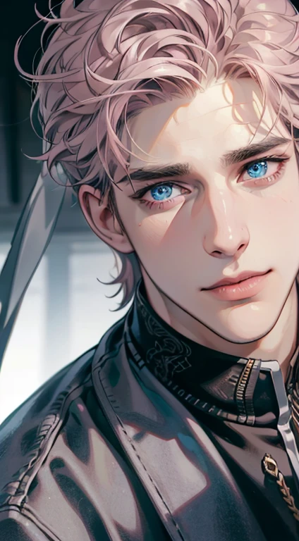 (best quality,4k,8k,highres,masterpiece:1.2),ultra-detailed,(realistic,photorealistic,photo-realistic:1.37),1 man,31 years old,mature man,very handsome,without expression,smile,short grey pink hair,blue eyes,penetrating gaze,perfect face without errors,imposing posture,businessman,office background,cinematic lighting,hdr image