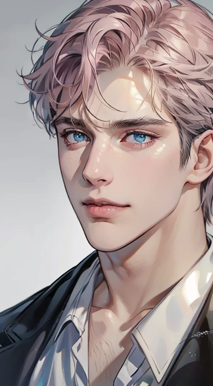 (best quality,4k,8k,highres,masterpiece:1.2),ultra-detailed,(realistic,photorealistic,photo-realistic:1.37),1 man,31 years old,mature man,very handsome,without expression,smile,short grey pink hair,blue eyes,penetrating gaze,perfect face without errors,imposing posture,businessman,office background,cinematic lighting,hdr image