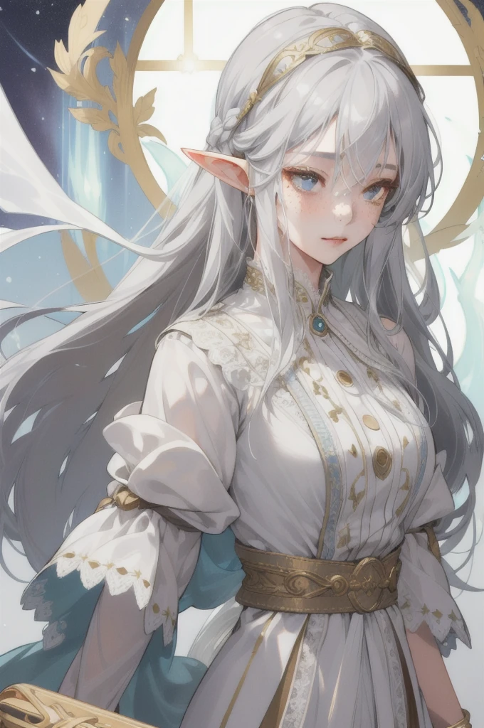 (Absurd, High resolution, Super detailed), (One girl:1.3),whole body、Character portrait、Elf、Gray Hair、Hair that shines like the aurora、Long Hair、freckles、Lace blindfold to hide the eyes、Goddess-like white attire、Gold Accessories、