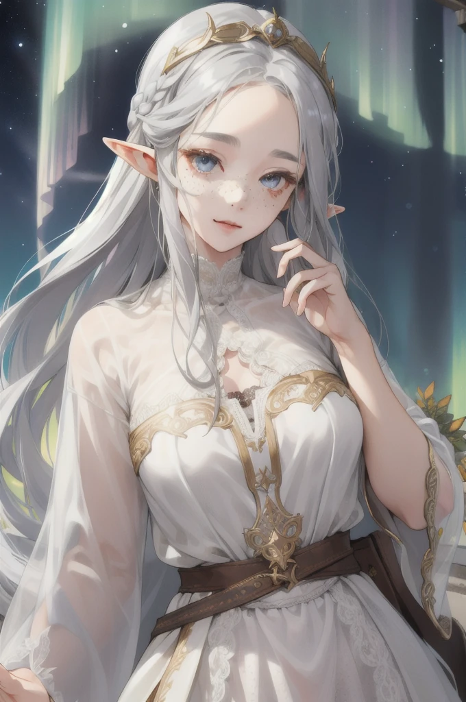 (Absurd, High resolution, Super detailed), (One girl:1.3), Gray Hair, Long Hair, High resolution, High detail, Textured skin, Shiny Hair, Hime cut, Earrings, Droopy eyes, Colorful eyes, Eyes are diamonds, Big glitter eyes, Long eyelashes, Character portrait, Lots of white space, Character design drawings, Simple Background, Headpiece, butterfly hair accessories, Anime Style, Rococo, Elf、Arabian dancer white costume、