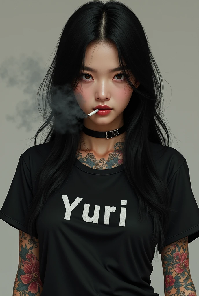 beautiful korean tattoo woman , wearing black t-shirt with Yuri written onit, blue jeans, long black hair,smoking cigarettes, giving yakuza vibes, realistic, intricate details, hard colors