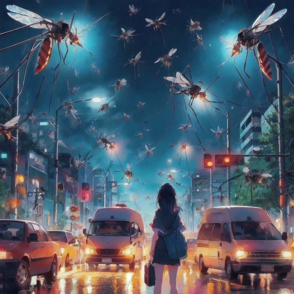 There is a woman standing in the middle of the street with a traffic light.。, A giant mosquito is flying,buzzing fluorescent lights, Album art, !! Stop turning on the light, Chill Hop, Beep daily art, 3840x2160, 3840×2160, Colorful illustration, 80s anime style,realism | Beep, Beep!!