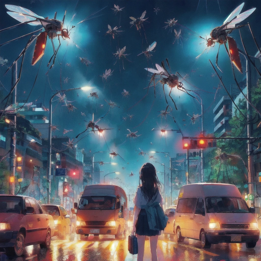 There is a woman standing in the middle of the street with a traffic light.。, A giant mosquito is flying,buzzing fluorescent lights, Album art, !! Stop turning on the light, Chill Hop, Beep daily art, 3840x2160, 3840×2160, Colorful illustration, 80s anime style,realism | Beep, Beep!!