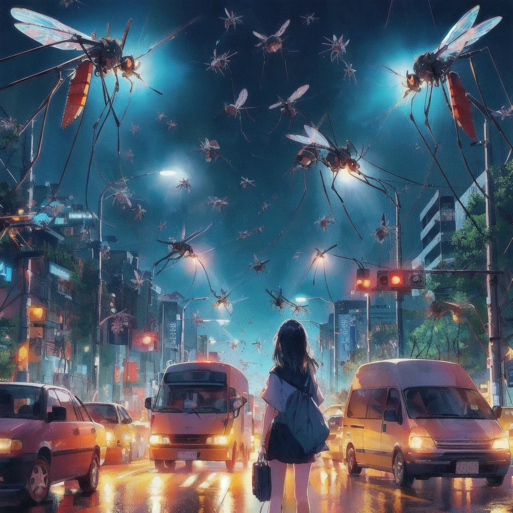 There is a woman standing in the middle of the street with a traffic light.。, A giant mosquito is flying,buzzing fluorescent lights, Album art, !! Stop turning on the light, Chill Hop, Beep daily art, 3840x2160, 3840×2160, Colorful illustration, 80s anime style,realism | Beep, Beep!!