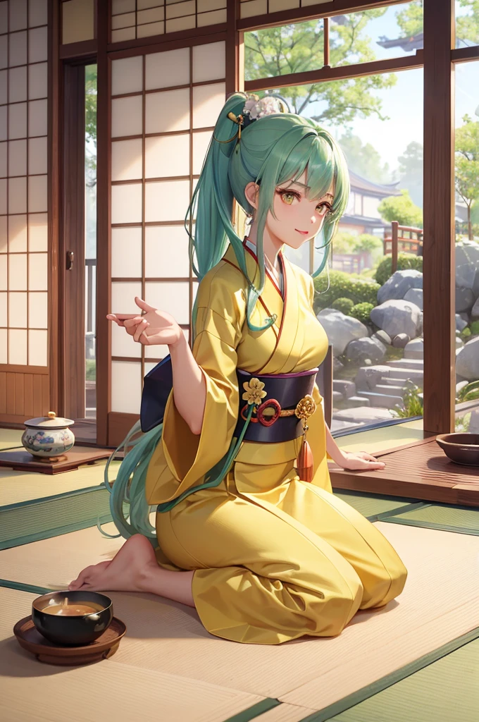 (japanese tea ceremony style) (Seiza tea ceremony), (With both hands holding a detailed biggest japanese Traditional ceramic tea cups) (solo:2, 15 yo) (beautiful detailed ponytail) (beautiful pastel color green hair long hair) (immensely cute girl) (immensely cute yellow eyes) (lovely smile) , in a detailed yellow kimono, break, in the japanese style room, BREAK, perfect anatomy, masterpiece, best quality, 16k, beautiful detailed grow, daydreaming expression.