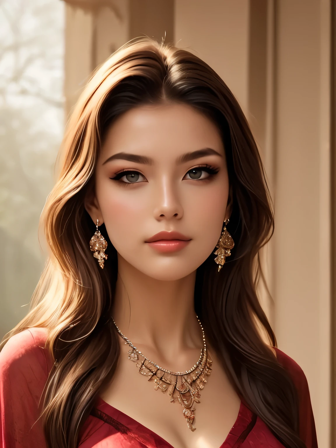 best quality,masterpiece,realistic,1woman,yujie,upper body,close mouth,Earrings,Necklace