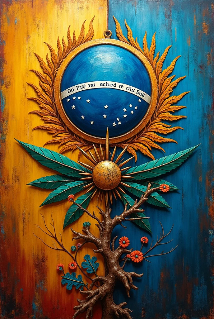 A painting merging the flags of Pará and Rio Grande do Sul, featuring elements of both cultures as its main theme.