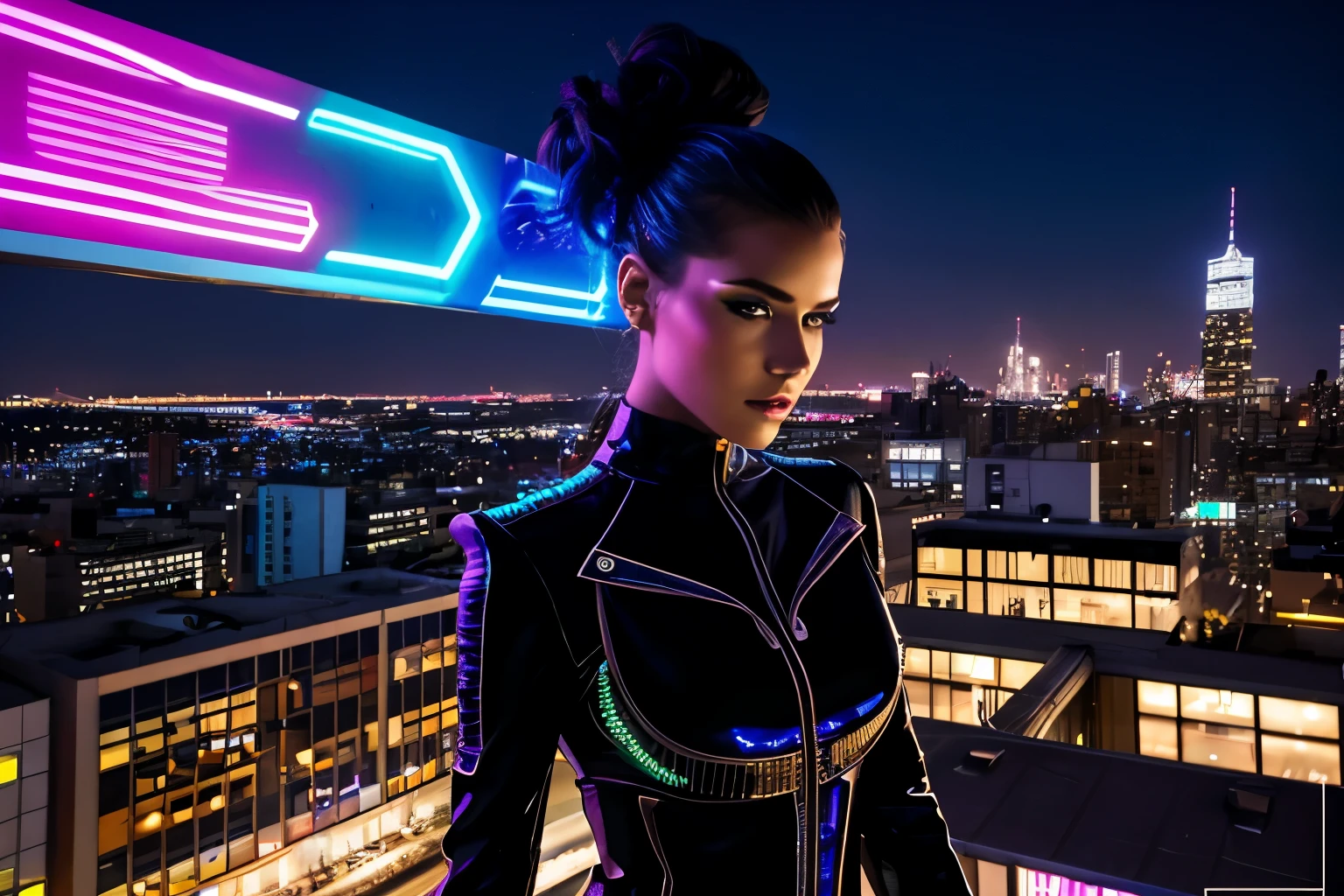 Photoshoot for a digital magazine, A fashion model in avant-garde clothing, A beautiful realistic face, Accessories, The action takes place in a futuristic setting on a rooftop, Against the backdrop of a neon-lit city, Intricate details of high fashion, Stars are visible in the sky, Late evening