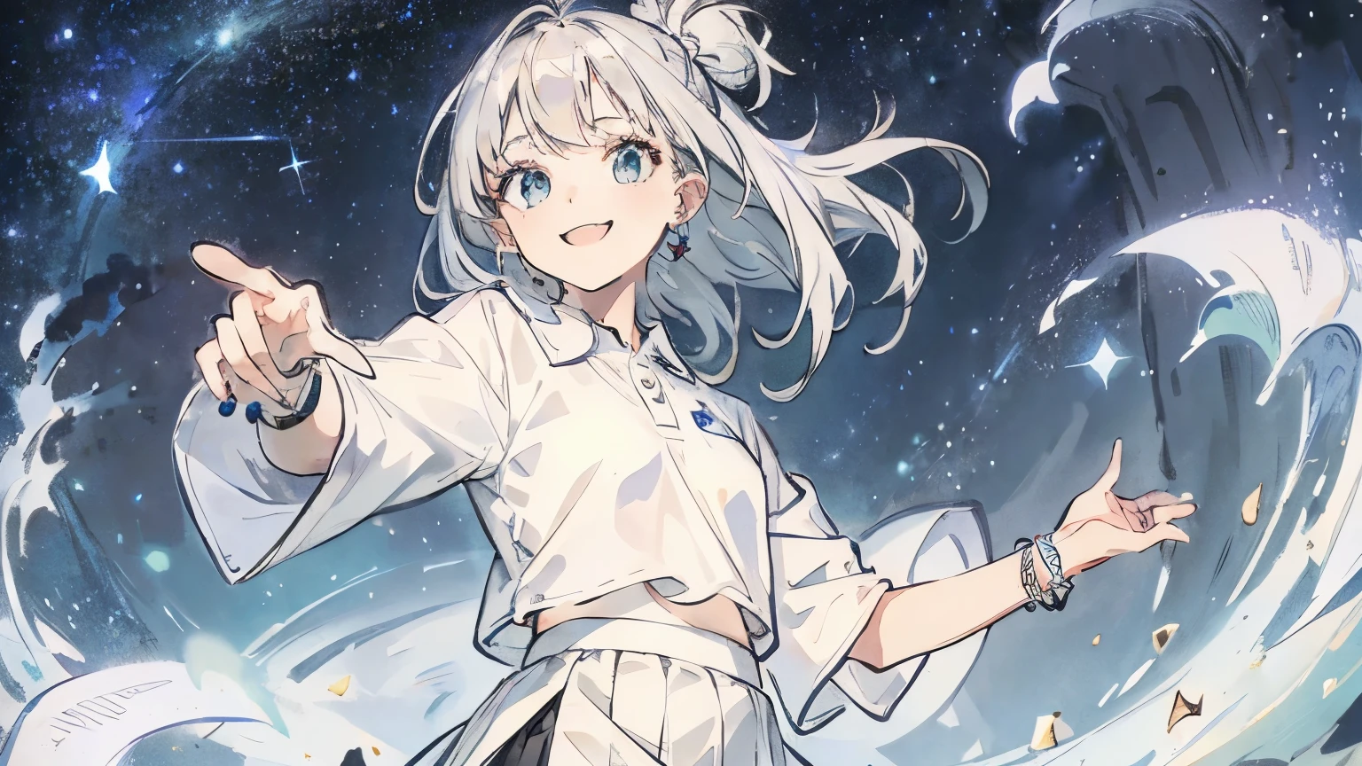 Under the starry sky, a woman (platinum silver hair, medium hair, bracelet, white polo shirt, skirt) is smiling in front of a man with short black hair, happy expression, masterpiece, highest quality, highest image quality ,