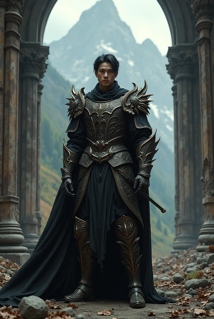 (photorealism:1.2), hansom man, waering chaos fantasy armour rpg character warrior stsndind in a destroyed church in ruins high in the mountains upper body viee dark shadows sorounding him close up view asain face anime styles
