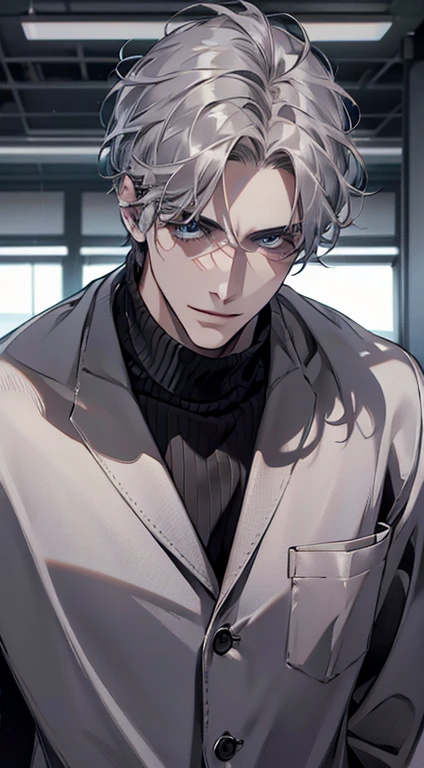 (best quality,4k,8k,highres,masterpiece:1.2),ultra-detailed,(realistic,photorealistic,photo-realistic:1.37),1 man,31 years old,mature man,very handsome,without expression,smile,short grey siver hair,blue eyes,penetrating gaze,perfect face without errors,imposing posture,businessman,office background,cinematic lighting,hdr image