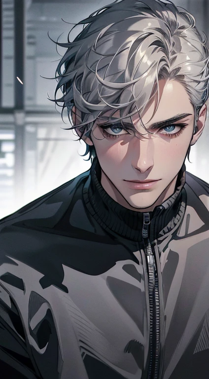 (best quality,4k,8k,highres,masterpiece:1.2),ultra-detailed,(realistic,photorealistic,photo-realistic:1.37),1 man,31 years old,mature man,very handsome,without expression,smile,short grey siver hair,blue eyes,penetrating gaze,perfect face without errors,imposing posture,businessman,office background,cinematic lighting,hdr image