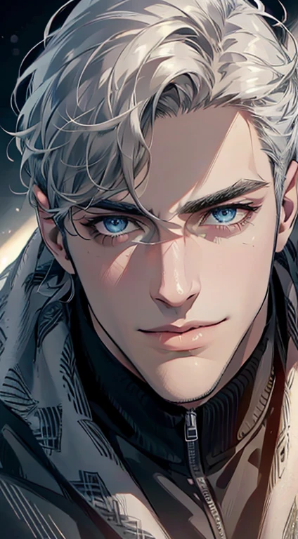 (best quality,4k,8k,highres,masterpiece:1.2),ultra-detailed,(realistic,photorealistic,photo-realistic:1.37),1 man,31 years old,mature man,very handsome,without expression,smile,short grey siver hair,blue eyes,penetrating gaze,perfect face without errors,imposing posture,businessman,office background,cinematic lighting,hdr image
