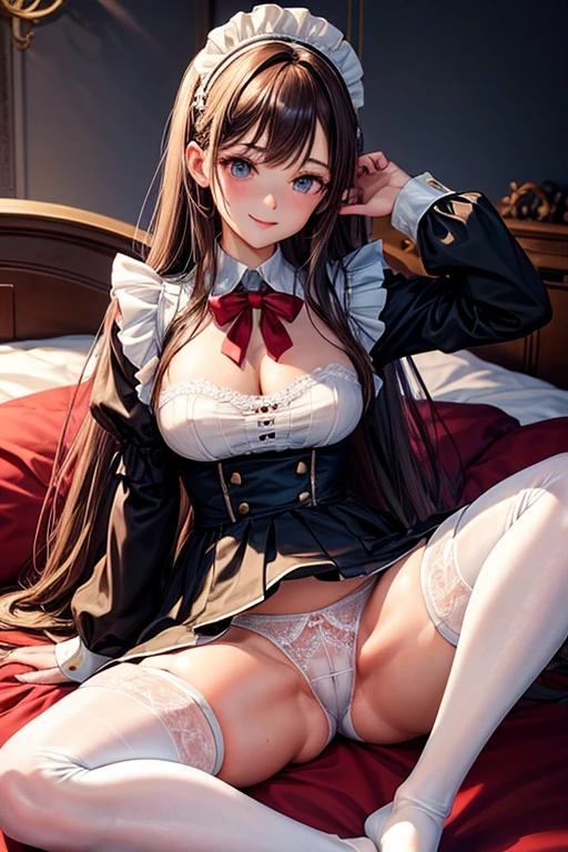 Highest quality, masterpiece, Adult women,8 heads,Long sleeve maid outfit,Without skirt,Brown Hair,Long Hair,Dark bedroom,Sit in the corner of the bed,Spread your legs、Leg spread,White tights,White garter belt,Wet white lace panties,I can see your pants,A seductive smile, Plump thighs,Long legs,