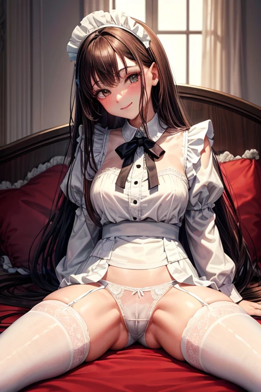Highest quality, masterpiece, Adult women,8 heads,Long sleeve maid outfit,Without skirt,Brown Hair,Long Hair,Dark bedroom,Sit in the corner of the bed,Spread your legs、Leg spread,White tights,White garter belt,Wet white lace panties,I can see your pants,A seductive smile, Plump thighs,Long legs,