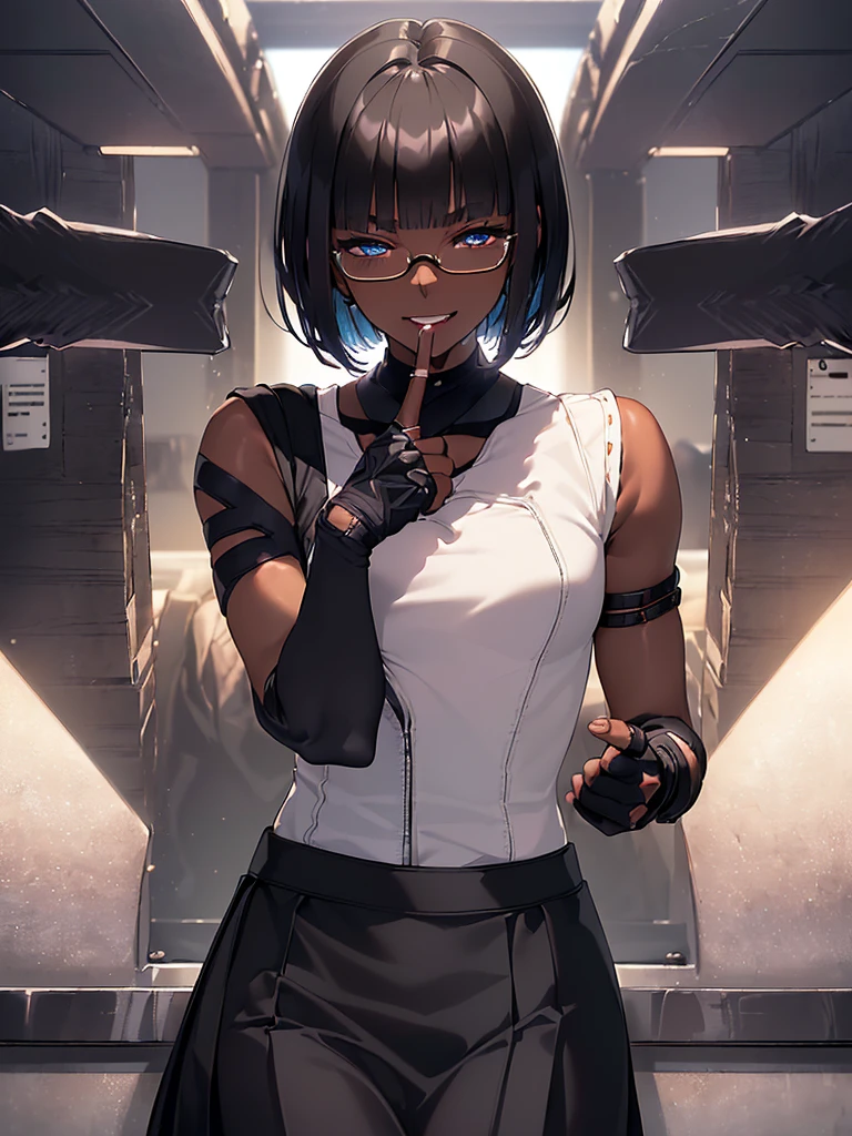 (masterpiece:1.2), highest quality, High resolution, unity 8k wallpaper, (fine and beautiful eyes:1.6), highly detailed face, perfect lighting, Detailed CG, (perfect hands, perfect anatomy:1.3), (1 femmale:1.4), (20 years old femmale:1.4),( black hair:1.3), extremely beautiful detailfeminine face and eyes, (evil smile:1.3), detailed eyes, best quality,( dark skin:1.8), extremely detailed, very precise detailed,(glasses:1.3), (blunt bangs:1.3), open mouth, (very short hair:1.4),(fingerless gloves:1.5), (half closed eyes:1.5),(business suit:1.6),boots,(flat chest:1.4),(cigarette in mouth:1.2),sitting,(long tight skirt:1.3),(long skirt:1.6)