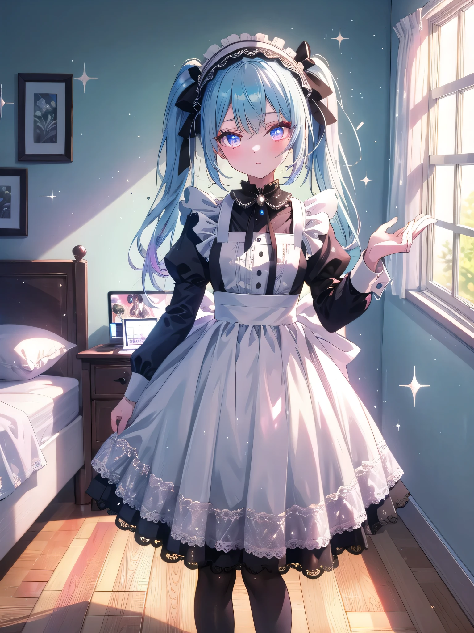 ((8k, Highest quality, masterpiece: 1.3)),Ultra-high resolution,(1 girl, alone), (Color changing eyes, Ultra-detailed, Expressive brilliance, Glitter, Glowing Eyes), Highly detailed eyes, Highly detailed face, Random Hair, ((pastel colour)),A focused young woman with pastel blue hair tied into twin tails, standing in front of a full-length mirror in her bedroom during a sunny afternoon. She is adjusting the lace details of her maid cosplay outfit, which consists of a black dress with white frills, a matching apron, and a small headband. The camera captures her from behind, with the reflection in the mirror showing her concentrated expression as she perfects her look. Her room is bright and airy, with sunlight streaming through the window, casting soft shadows on the hardwood floor. On her bed, there are a few open boxes filled with different cosplay accessories, and a laptop on her desk displays an open video tutorial on cosplay makeup.