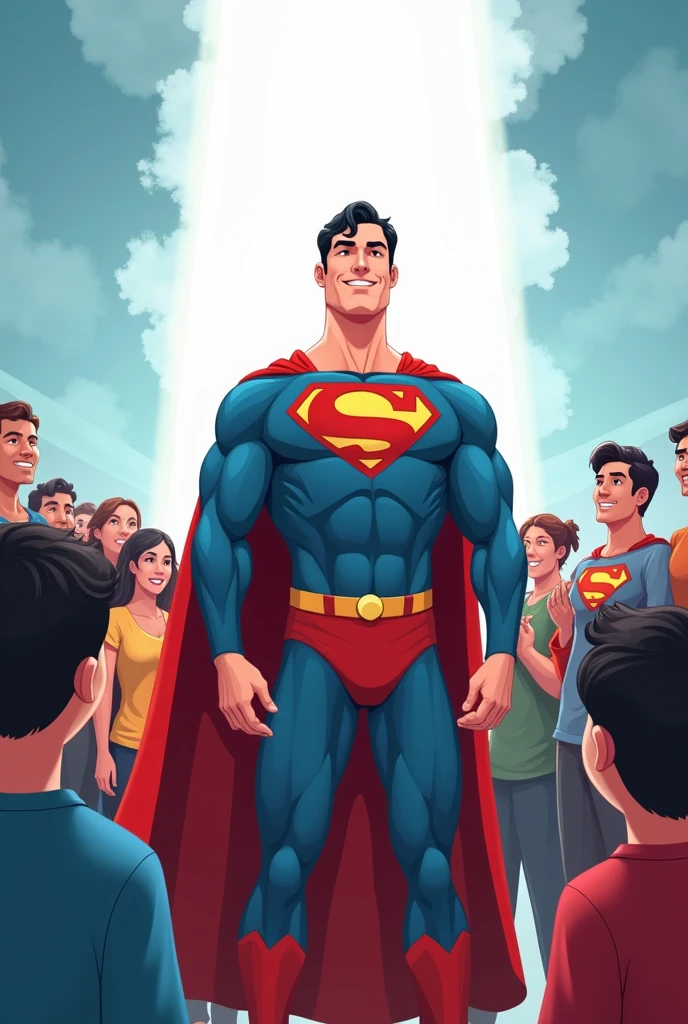 Superman helped all people's in the world after then superman
confidence face and confidence body style ., and coming white light from background
Don't make Superman angry
Little bit smiling face of Superman but not shown teeth
Make cartoon type
