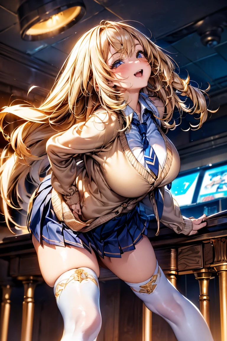 Browsing Caution,​(Highest quality, 8k, masterpiece:1.3,beautiful girl), ((arcade)),(Very detailed)Glowing Skin,(((Long Hair,blonde,Beautiful Hair))),(Perfect Anatomy, Anatomically correct, Very detailed肌),((Golden Eyes)),((Perfect Fingers,Five Fingers)),((Light blue collared shirt, Navy pleated mini skirt, socks, Navy tie, Light brown cardigan, White knee socks)),Pink Panties,  Knee-high socks,Knee-high socks on both feet,Double teeth,Big Breasts,Big Ass,look up,A slightly higher angle, Focus Only,Very smiling,Playing games