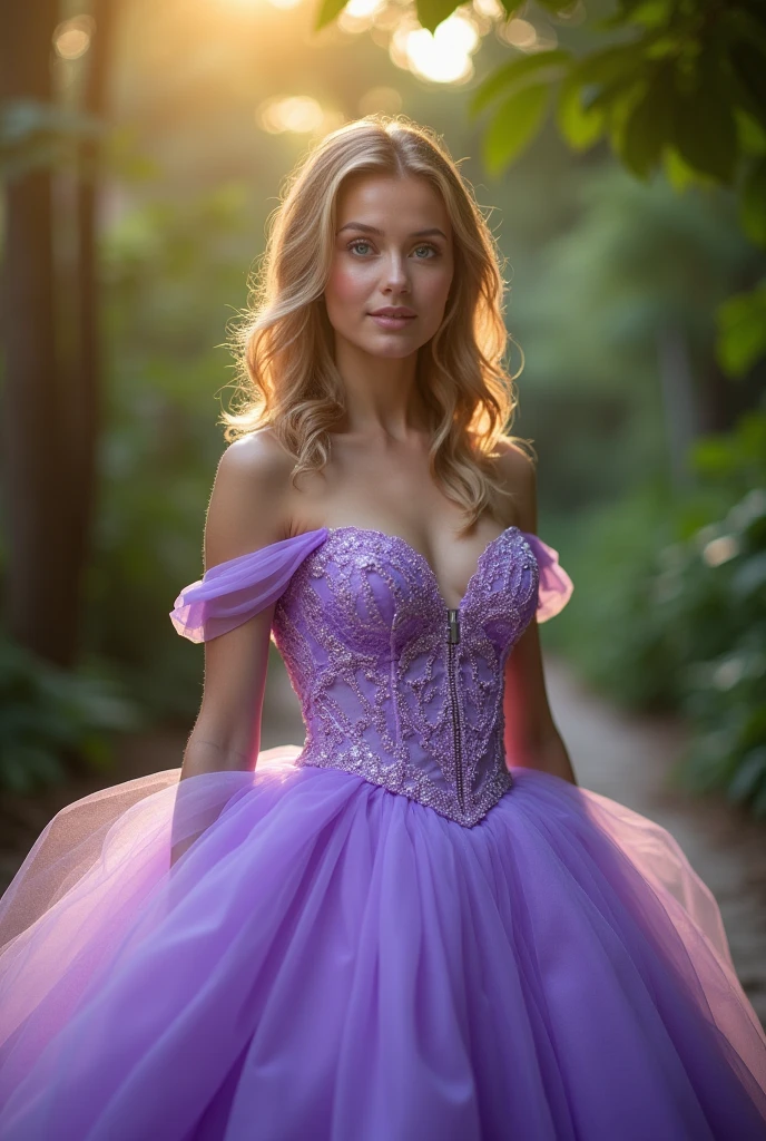 Create a young Brazilian woman in a 15th birthday photo shoot, wearing a purple princess dress, She has fair skin, shoulder length hair, hair color is dark blonde and has blue eyes